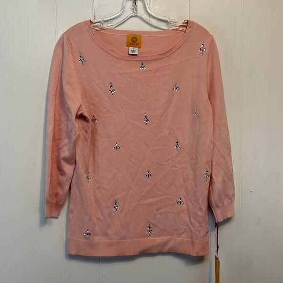 New‎ Ruby Rd Womens Sweater Small Pink Rhinestones 3/4 Sleeve Crew Neck Knit - Picture 1 of 12